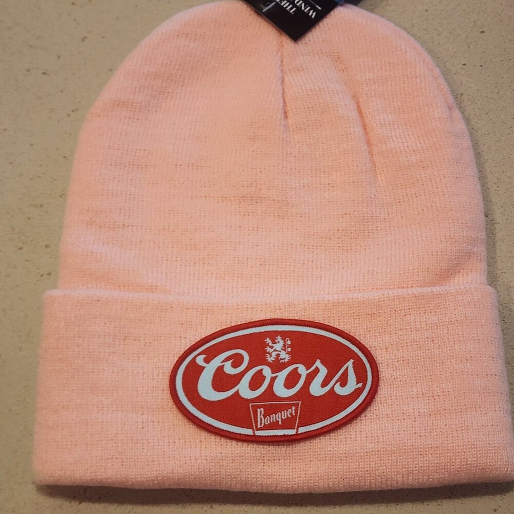 Banquet Coors Patched Knit Cuffed Beanie in Soft Pink